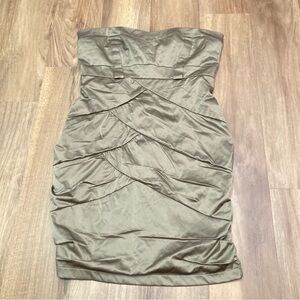 Vintage Y2K Strapless Olive Ruched Cocktail Dress Mcbling Satin-y